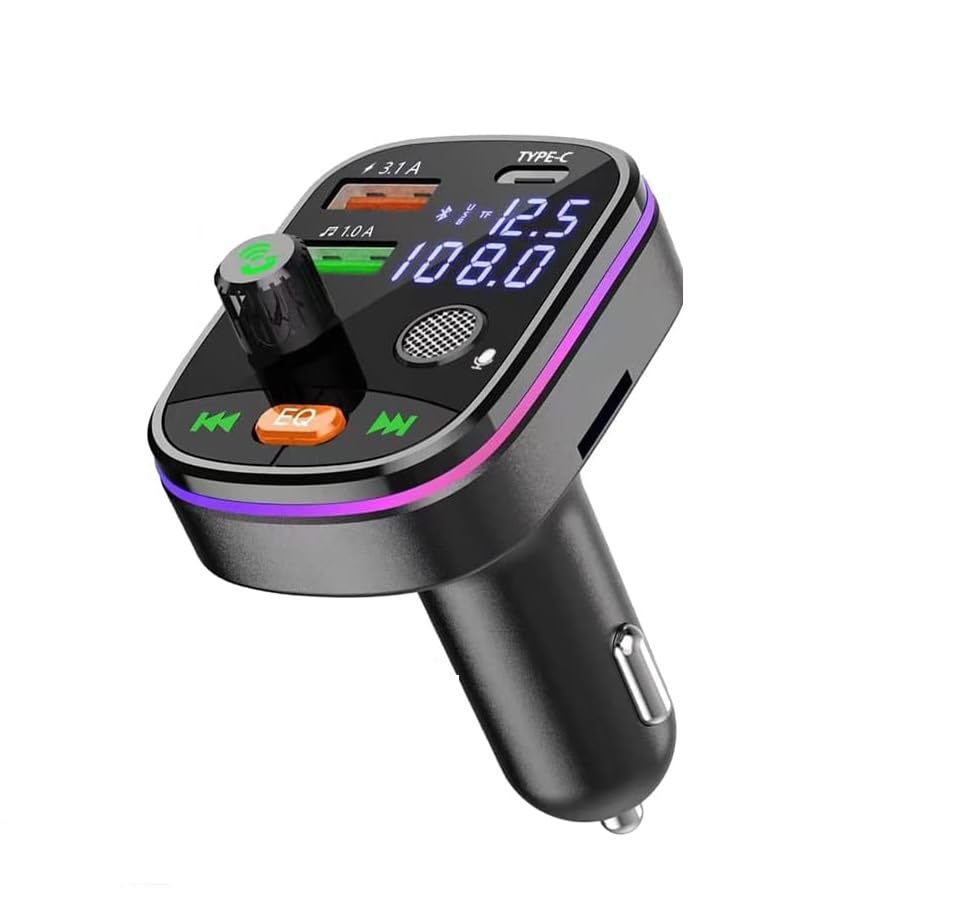 Bluetooth 5.0 FM Transmitter for Car - Cigarette Lighter Aux Port Car Wireless MP3 Adapter with Microphone HiFi Bass Sound Music Adaptor Radio Transmitter & USB PD Fast Charging Port car Accesories