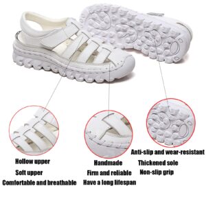 Women Genuine Leather Closed Toe Fisherman Sandals,Adjustable Hollow Platform Gladiator Sandal,Soft Sole Non-Slip Beach Walking Mom Shoes (White,9.5,9.5)