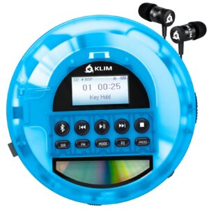 klim nomad transparent blue - portable cd player walkman with long-lasting battery - includes headphones - discman mp3 player - tf card fm radio bluetooth aux - ideal for home, cars - 2024 version