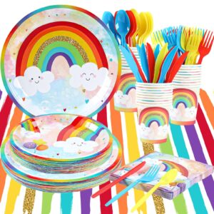 rainbow party supplies, happy birthday decorations for girls & boys -169pcs rainbow party tableware set include 9" and 7" party plates and napkins cups utensils with tablecloth for 24 guests