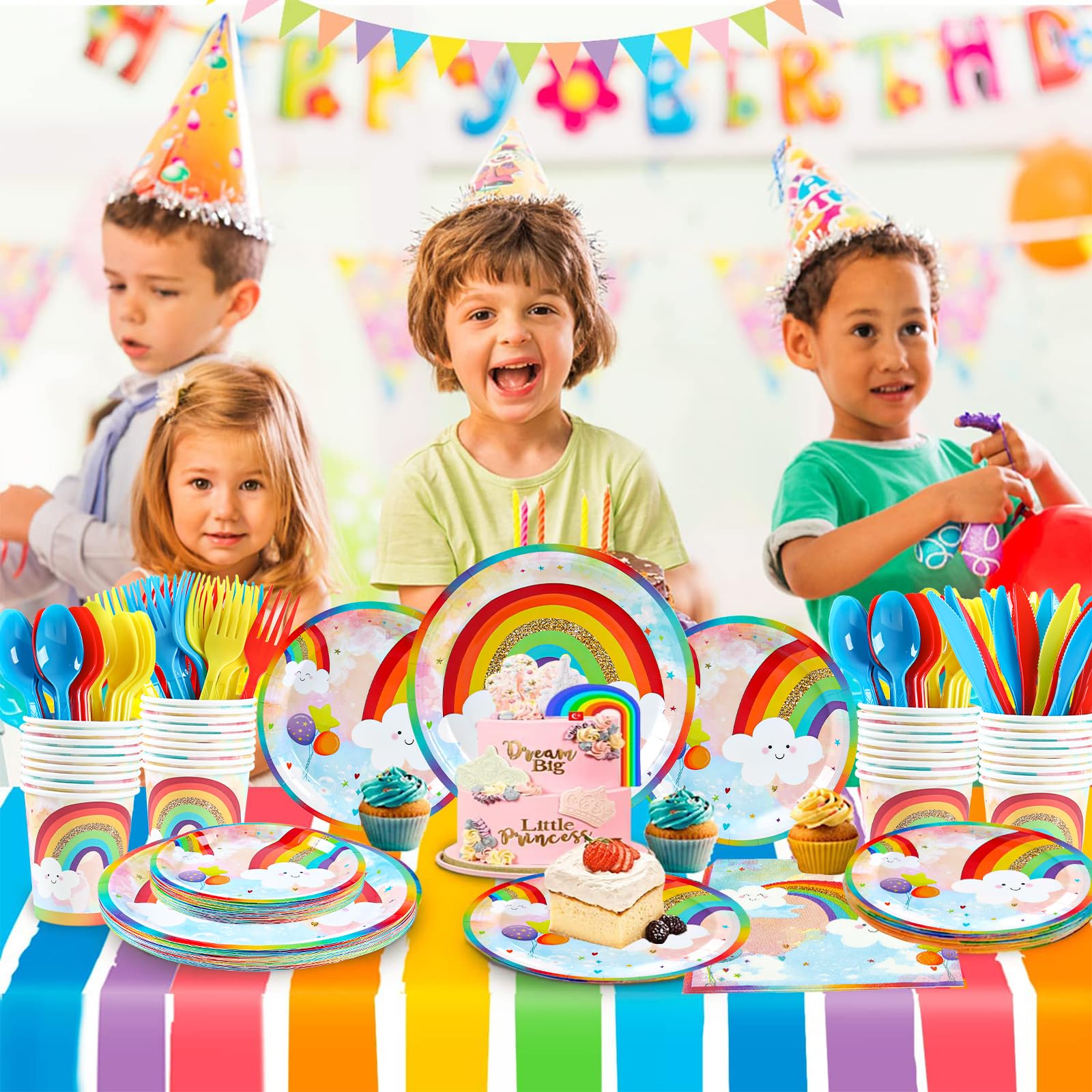 Rainbow Party Supplies, Happy Birthday Decorations for Girls & Boys -169pcs Rainbow Party Tableware Set Include 9" and 7" Party Plates and Napkins Cups Utensils with Tablecloth for 24 Guests