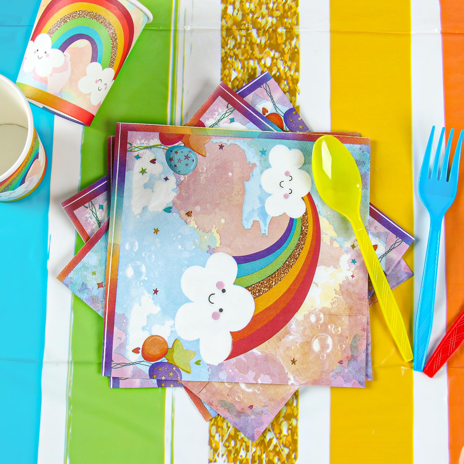 Rainbow Party Supplies, Happy Birthday Decorations for Girls & Boys -169pcs Rainbow Party Tableware Set Include 9" and 7" Party Plates and Napkins Cups Utensils with Tablecloth for 24 Guests