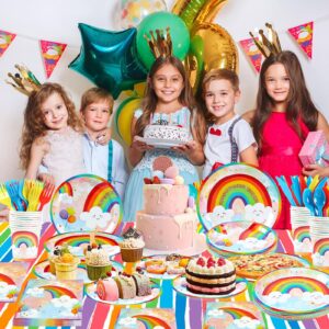 Rainbow Party Supplies, Happy Birthday Decorations for Girls & Boys -169pcs Rainbow Party Tableware Set Include 9" and 7" Party Plates and Napkins Cups Utensils with Tablecloth for 24 Guests