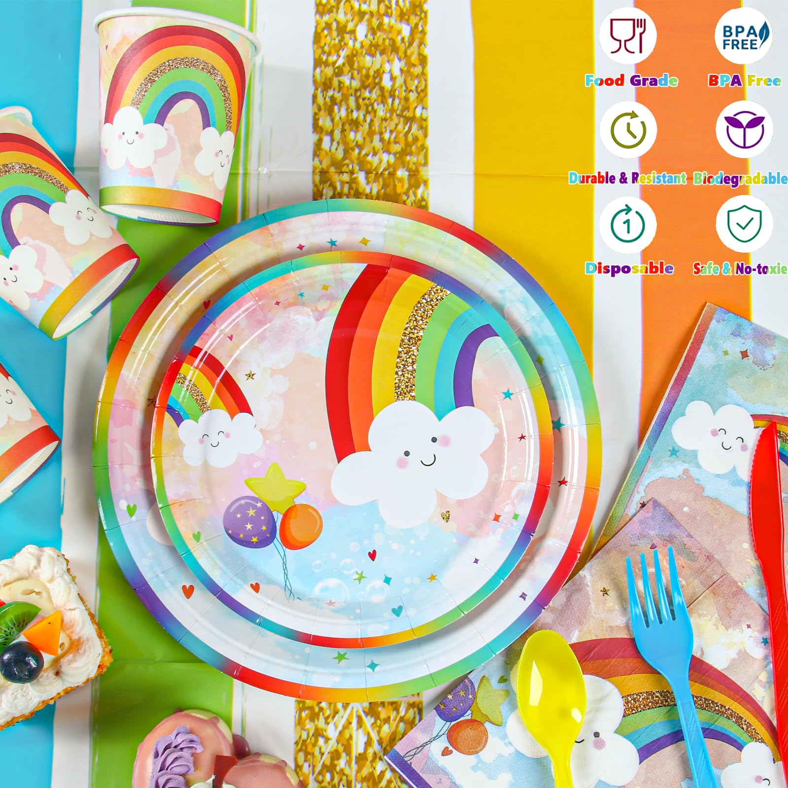 Rainbow Party Supplies, Happy Birthday Decorations for Girls & Boys -169pcs Rainbow Party Tableware Set Include 9" and 7" Party Plates and Napkins Cups Utensils with Tablecloth for 24 Guests