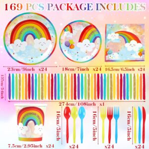 Rainbow Party Supplies, Happy Birthday Decorations for Girls & Boys -169pcs Rainbow Party Tableware Set Include 9" and 7" Party Plates and Napkins Cups Utensils with Tablecloth for 24 Guests