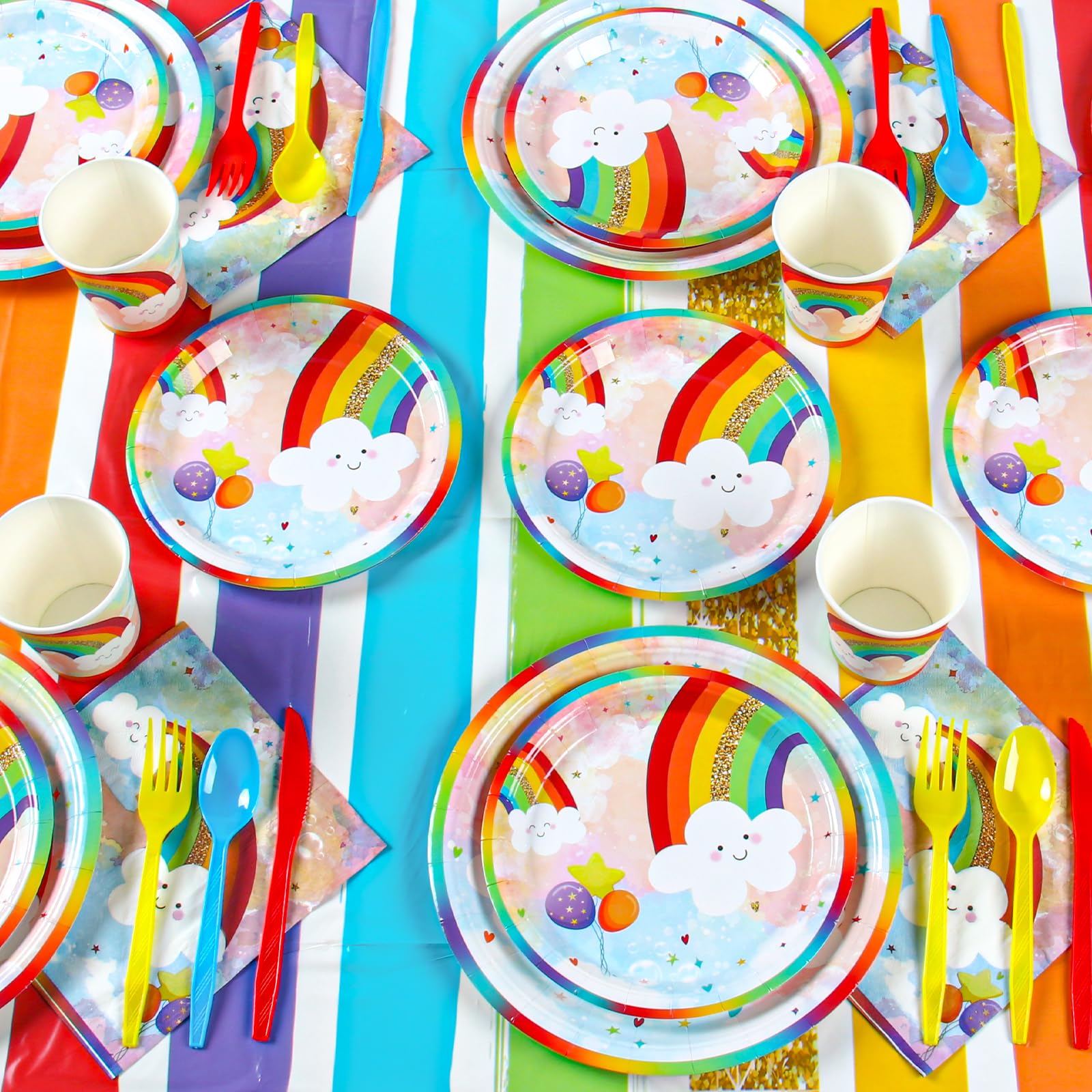 Rainbow Party Supplies, Happy Birthday Decorations for Girls & Boys -169pcs Rainbow Party Tableware Set Include 9" and 7" Party Plates and Napkins Cups Utensils with Tablecloth for 24 Guests