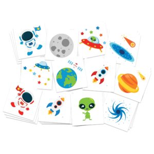 fashiontats space explorer temporary tattoos | 36 pack | kids party favors | skin safe | spaceships - planets - astronauts - galaxies - black holes - aliens | made in the usa | removable