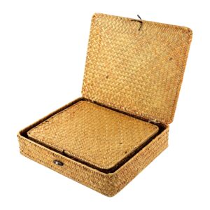 TWIGANDLAKE 2PCS Wicker Woven Storage Bins with Natural Seagrass Rattan Woven Organizer Boxes, Small and Large Wicker Basket Set with Lid for Shelf, Book