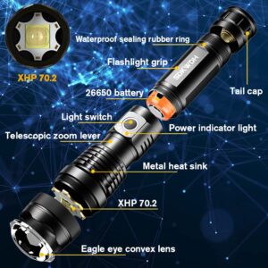 SDKWDH Rechargeable LED Flashlights High Lumens, 150000 Lumens Super Bright Tactical Handheld Flash Light, Powerful Emergency Linternas, Zoomable, Waterproof, Long Lasting, for Hiking Camping Gift