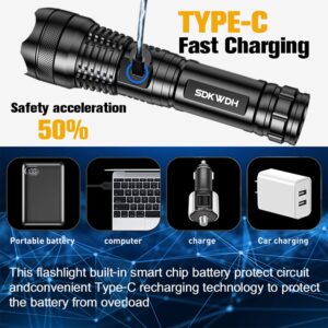 SDKWDH Rechargeable LED Flashlights High Lumens, 150000 Lumens Super Bright Tactical Handheld Flash Light, Powerful Emergency Linternas, Zoomable, Waterproof, Long Lasting, for Hiking Camping Gift