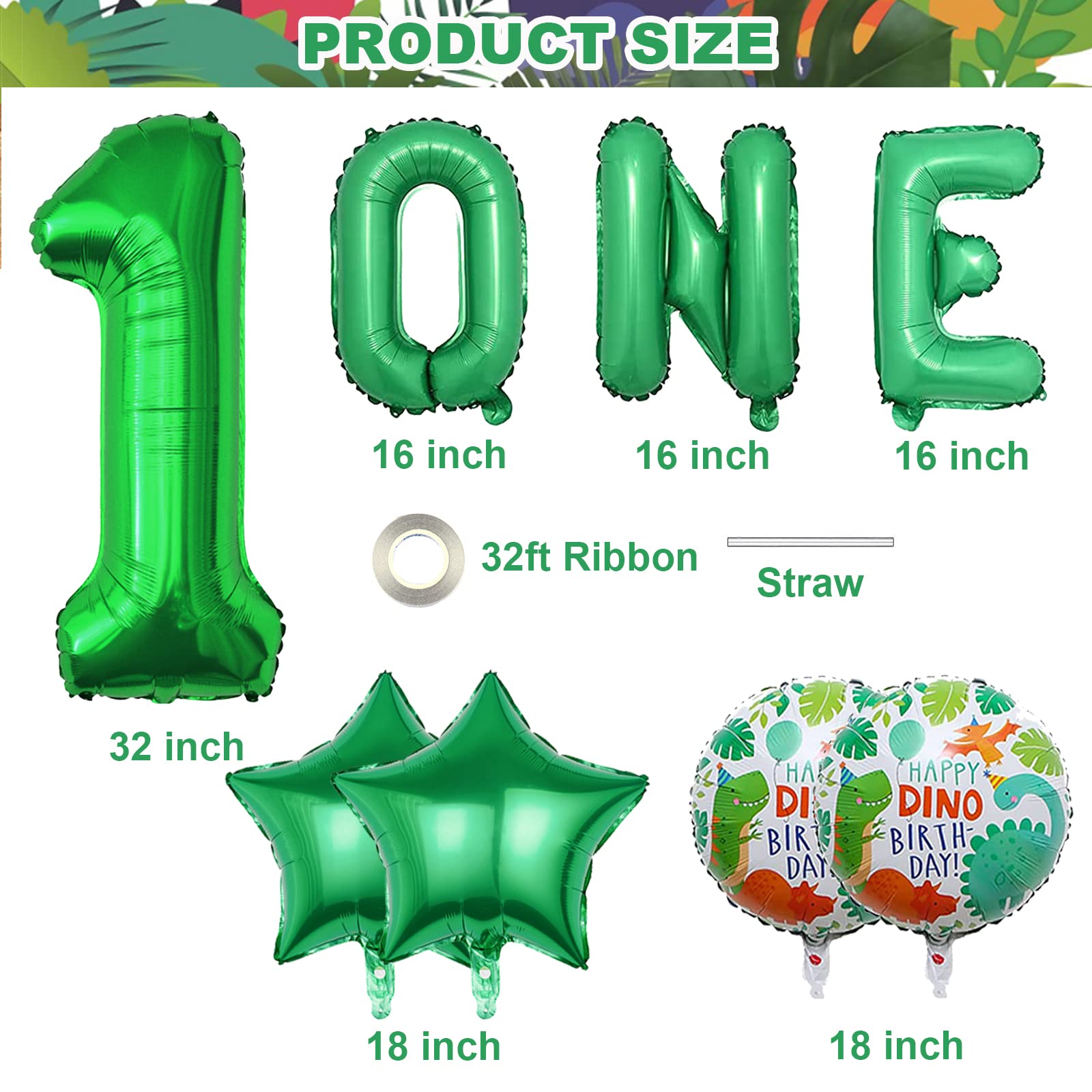 Dinosaur 1st Birthday Party Balloons,32 Inch Big Mylar Foil Number Balloon 1 Green for Baby Shower 1st Birthday Party Decorations,ONE Letter Balloon, Dinosaur Theme Party Decorations 10 Pcs