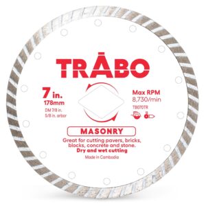 trabo 7 inch masonry turbo rim diamond metal bond blade for cutting cement, pavers, concrete with rebar, natural stone and more, with 7/8 inch arbor with 5/8 inch reducer ring