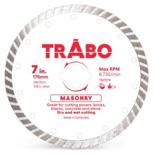 Trabo 7 Inch Masonry Turbo Rim Diamond Metal Bond Blade for Cutting Cement, Pavers, Concrete with Rebar, Natural Stone and More, with 7/8 Inch Arbor with 5/8 Inch Reducer Ring