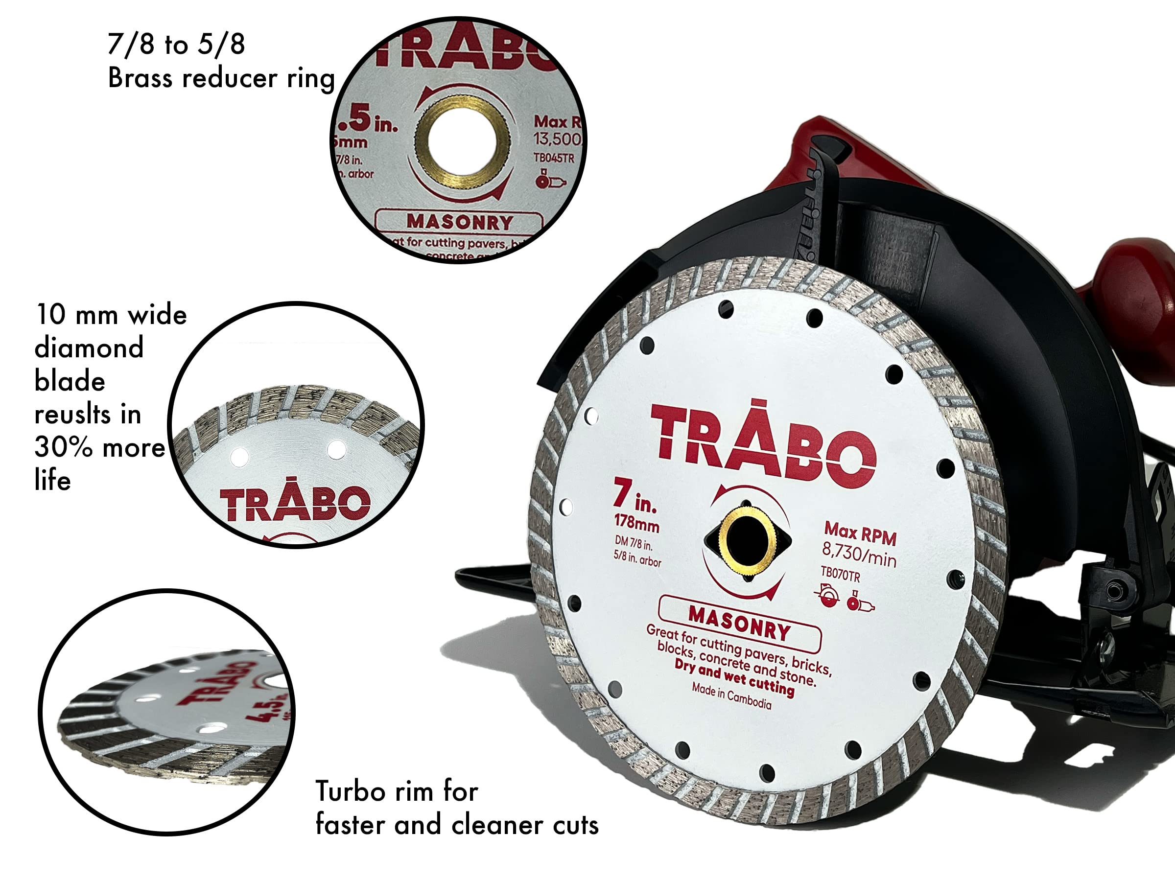 Trabo 7 Inch Masonry Turbo Rim Diamond Metal Bond Blade for Cutting Cement, Pavers, Concrete with Rebar, Natural Stone and More, with 7/8 Inch Arbor with 5/8 Inch Reducer Ring