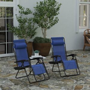 merrick lane set of 2 zero gravity lounge chairs - navy mesh upholstery - removable pillow - removable cup holder tray - push back recline - folding design