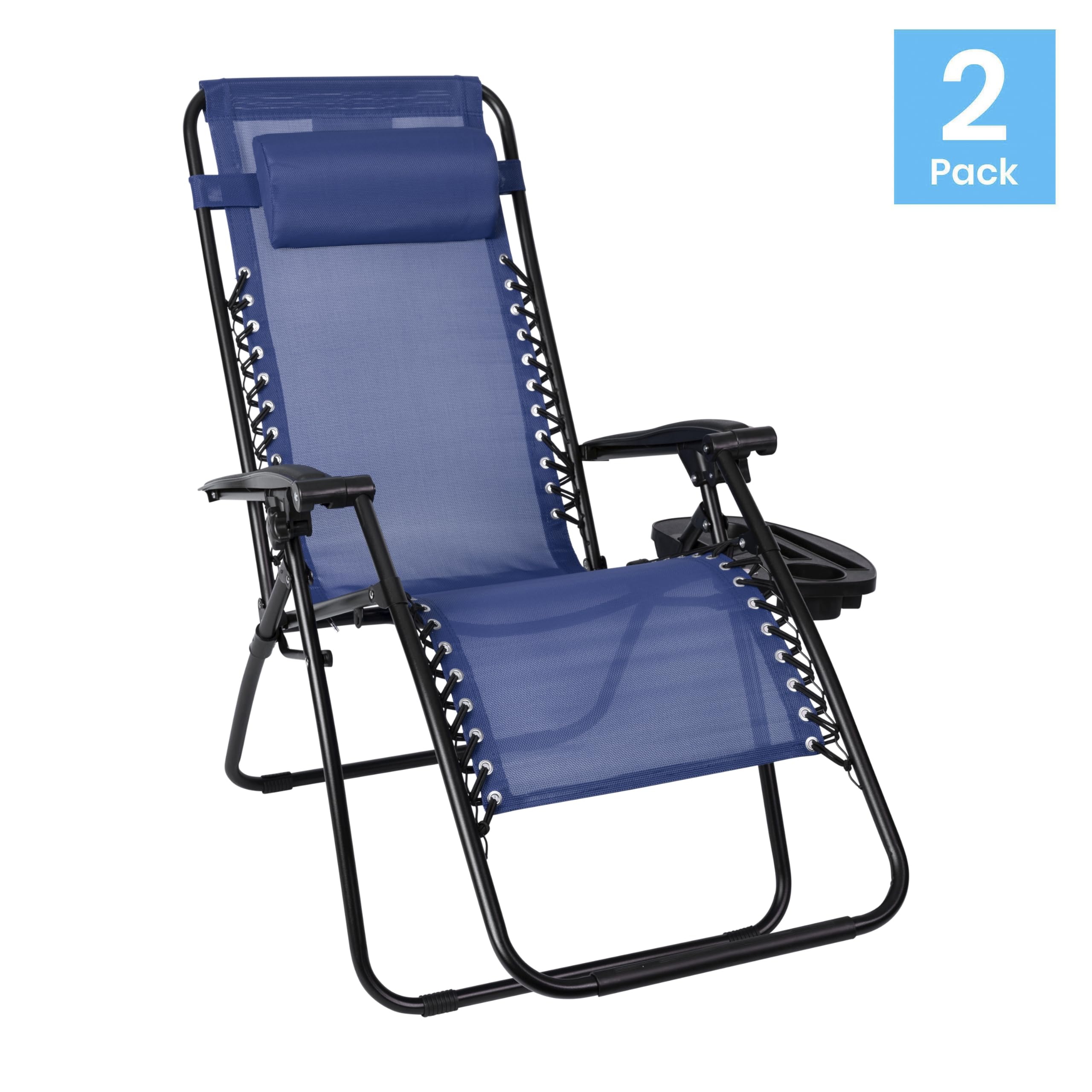 Merrick Lane Set of 2 Zero Gravity Lounge Chairs - Navy Mesh Upholstery - Removable Pillow - Removable Cup Holder Tray - Push Back Recline - Folding Design