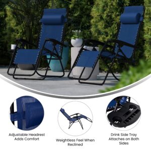 Merrick Lane Set of 2 Zero Gravity Lounge Chairs - Navy Mesh Upholstery - Removable Pillow - Removable Cup Holder Tray - Push Back Recline - Folding Design