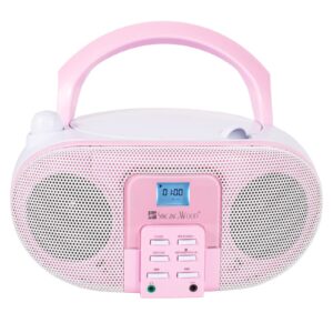 singingwood gc01 macarons series portable cd player boombox with am fm stereo radio kids cd player lcd display, front aux-in port headphone jack, supported ac or battery powered -rose