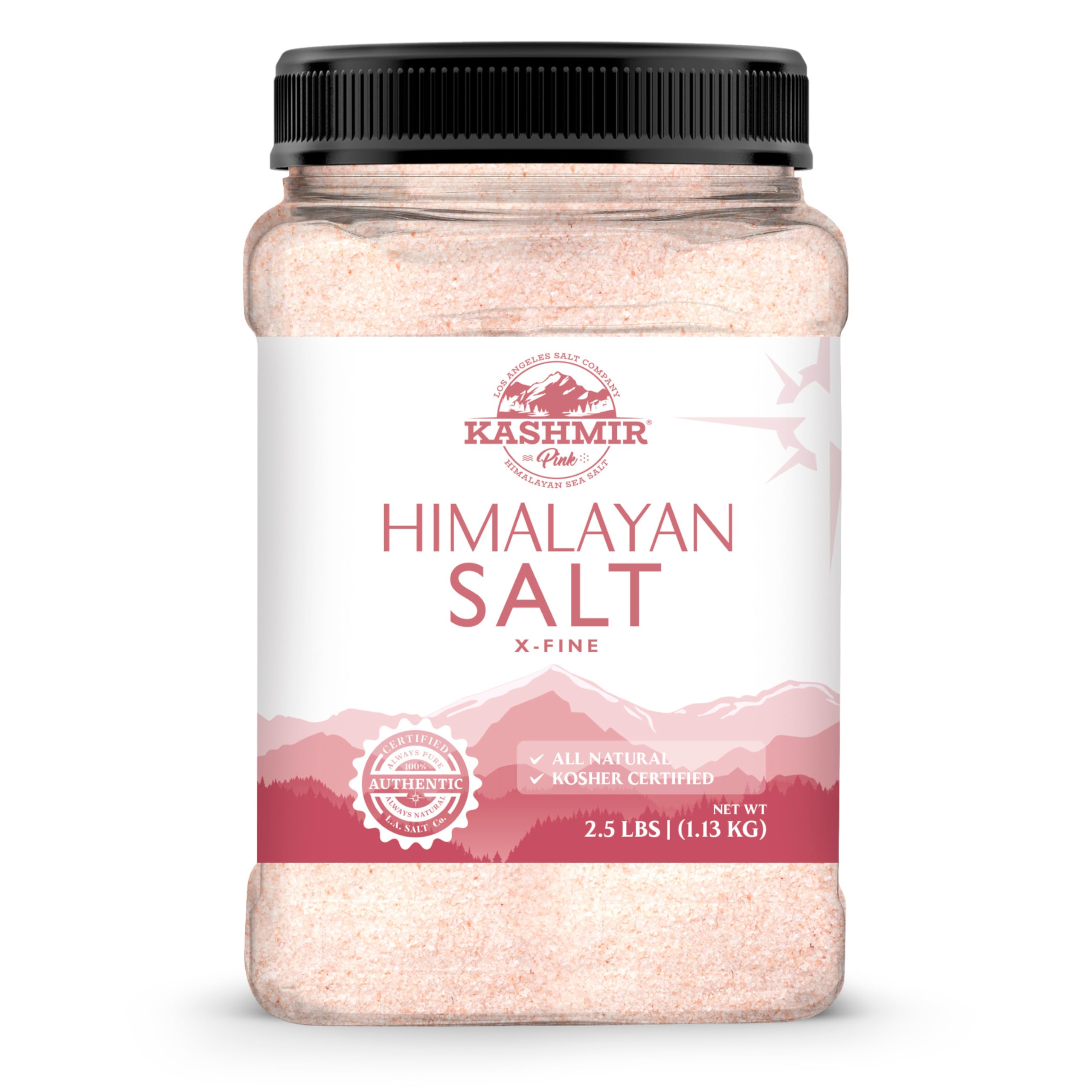 LA SALT CO Kashmir 2.5 Lbs Pink Himalayan Salt Jar, X-Fine | 100% Pure, Food Grade with 84 Trace Minerals | Kosher Certified, Vegan, Non-GMO, & Cruelty-Free