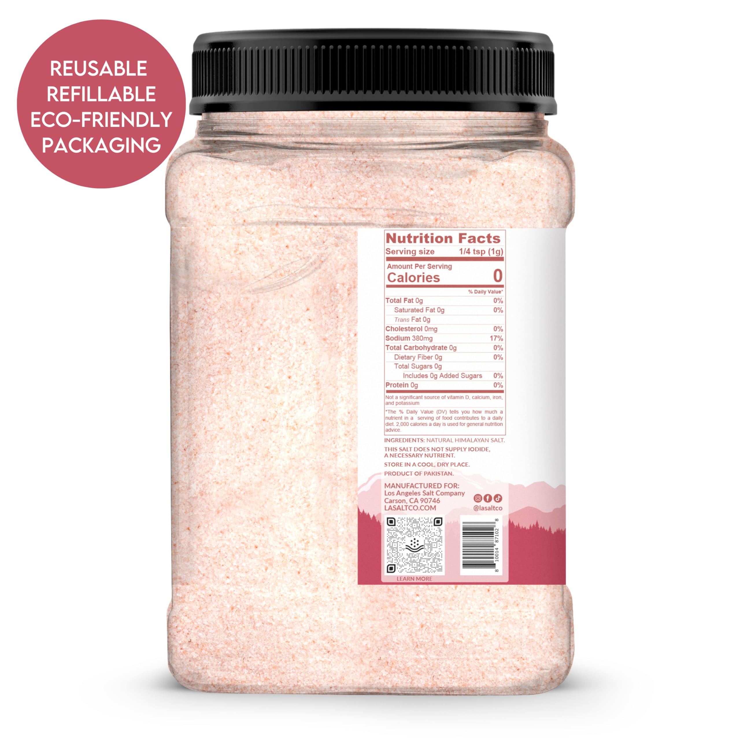 LA SALT CO Kashmir 2.5 Lbs Pink Himalayan Salt Jar, X-Fine | 100% Pure, Food Grade with 84 Trace Minerals | Kosher Certified, Vegan, Non-GMO, & Cruelty-Free