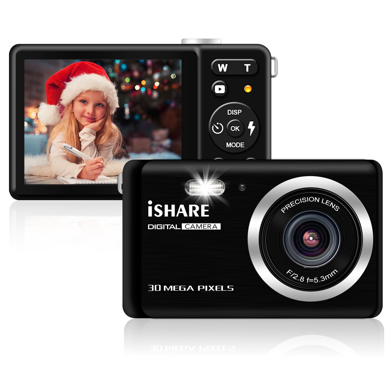 Digital Camera for Photography, 30MP Rechargeable Point and Shoot Digital Camera with 2.8" LCD 18X Digital Zoom for Kids Teens Elders（Black）