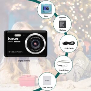 Digital Camera for Photography, 30MP Rechargeable Point and Shoot Digital Camera with 2.8" LCD 18X Digital Zoom for Kids Teens Elders（Black）