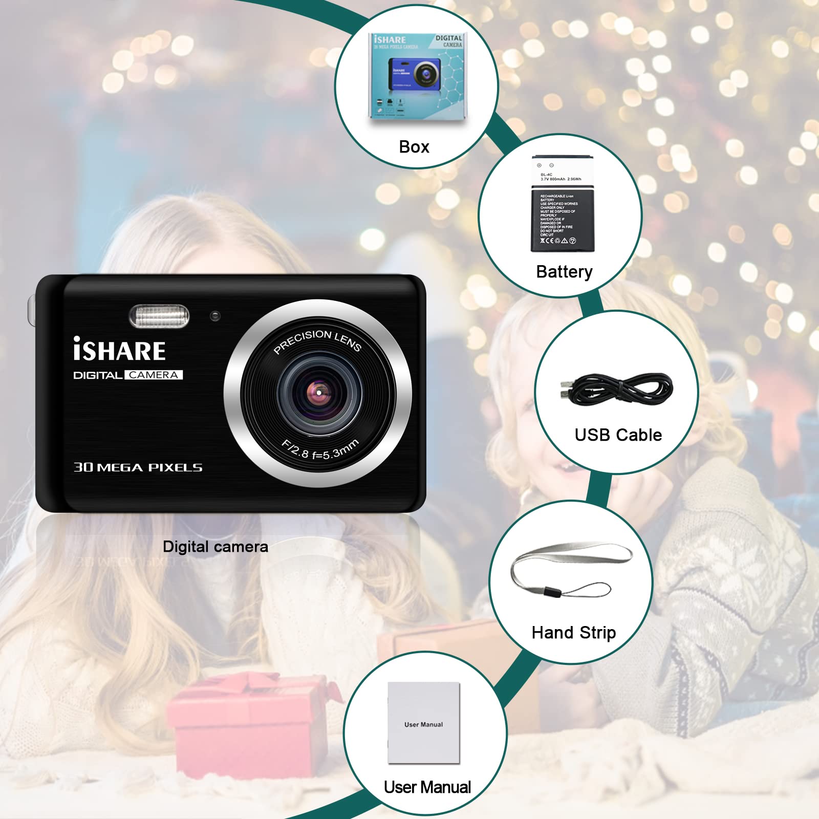 Digital Camera for Photography, 30MP Rechargeable Point and Shoot Digital Camera with 2.8" LCD 18X Digital Zoom for Kids Teens Elders（Black）