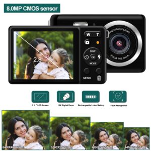 Digital Camera for Photography, 30MP Rechargeable Point and Shoot Digital Camera with 2.8" LCD 18X Digital Zoom for Kids Teens Elders（Black）