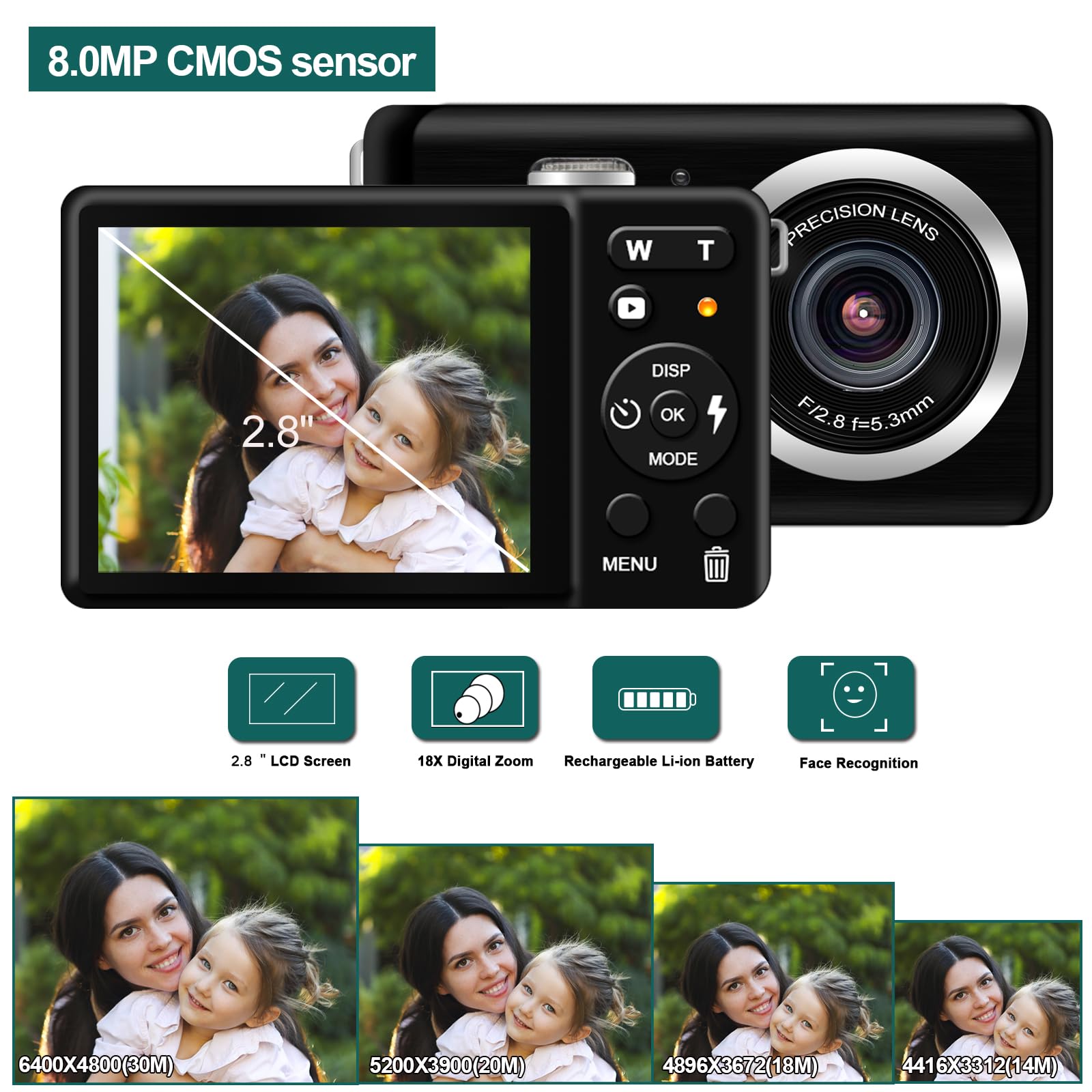 Digital Camera for Photography, 30MP Rechargeable Point and Shoot Digital Camera with 2.8" LCD 18X Digital Zoom for Kids Teens Elders（Black）