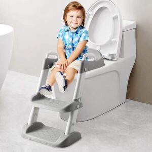 PandaEar Toilet Potty Training Seat with Step Stool Ladder, Comfortable Safe Potty Seat with Anti-Slip Pads Ladder for Kids Boys Girls Toddlers (Grey)