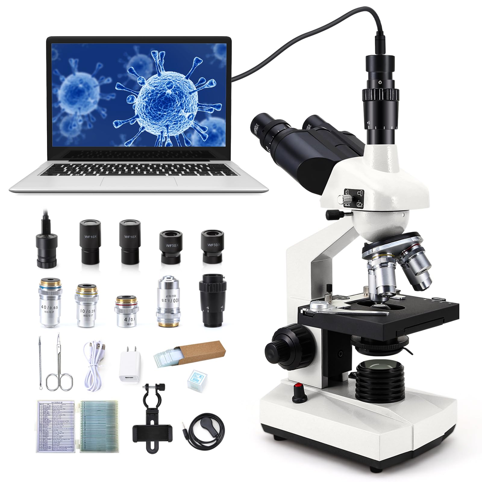 Crspexil 40X-5000X Compound trinocular Microscopes trinocular fo Adults, with 5.0 mp Camera with Microscope Slides 30p, Microscope Accessories, Microscopes Abbe Condenser