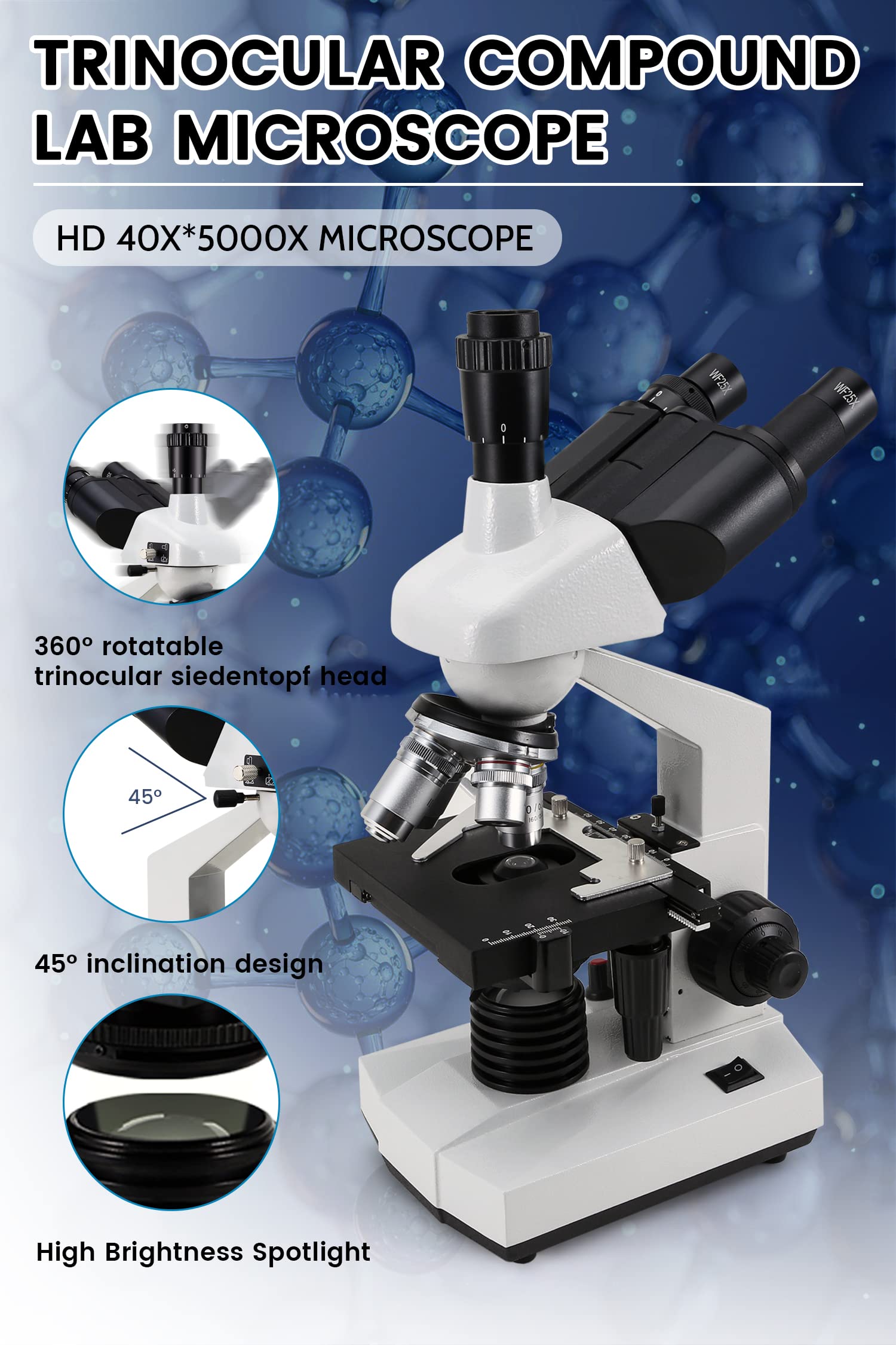 Crspexil 40X-5000X Compound trinocular Microscopes trinocular fo Adults, with 5.0 mp Camera with Microscope Slides 30p, Microscope Accessories, Microscopes Abbe Condenser