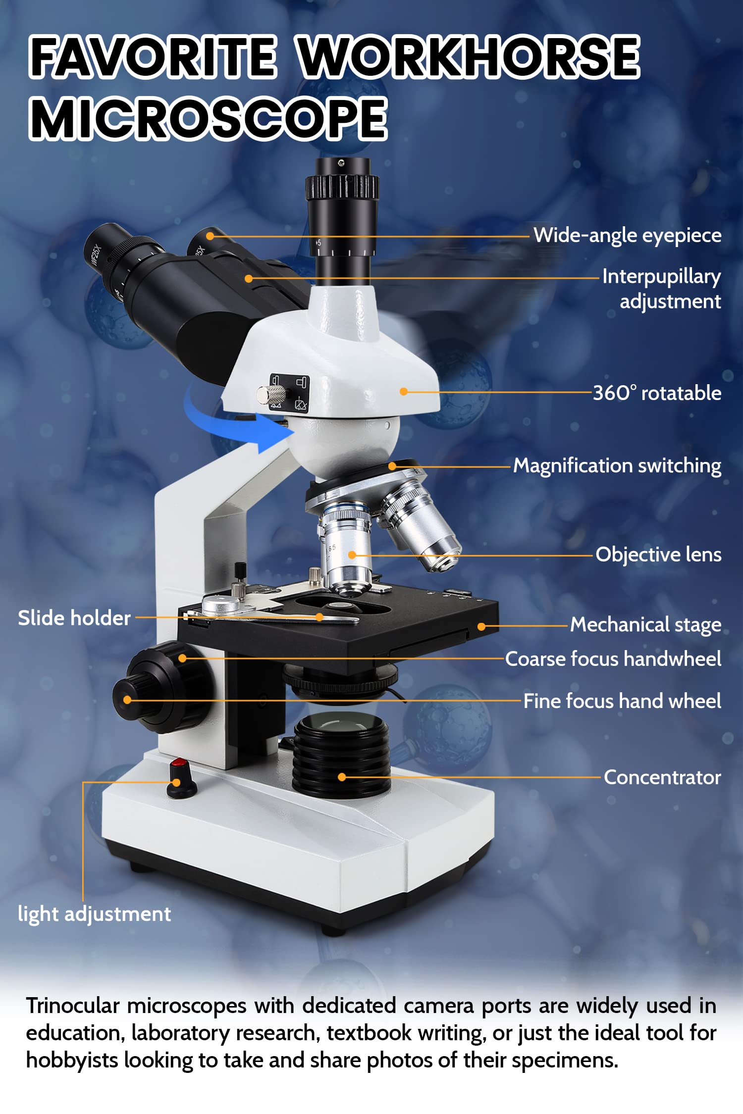 Crspexil 40X-5000X Compound trinocular Microscopes trinocular fo Adults, with 5.0 mp Camera with Microscope Slides 30p, Microscope Accessories, Microscopes Abbe Condenser