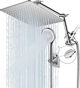 dual shower head, 10'' high pressure rain shower head with 16'' upgraded adjustable extension arm, 3+1 settings handheld spray,built-in power wash,retractable 60'' shower hose, 3-way diverter, chrome