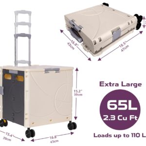 Kutatek Foldable Utility Cart, Collapsible Rolling Crate, 4 Universal Wheels with Two Brakes, Never-Lost Hinged Lid, Telescopic Handle for Home, Grocery, Office, School, Camping use (Beige, 2.3 Cu Ft)