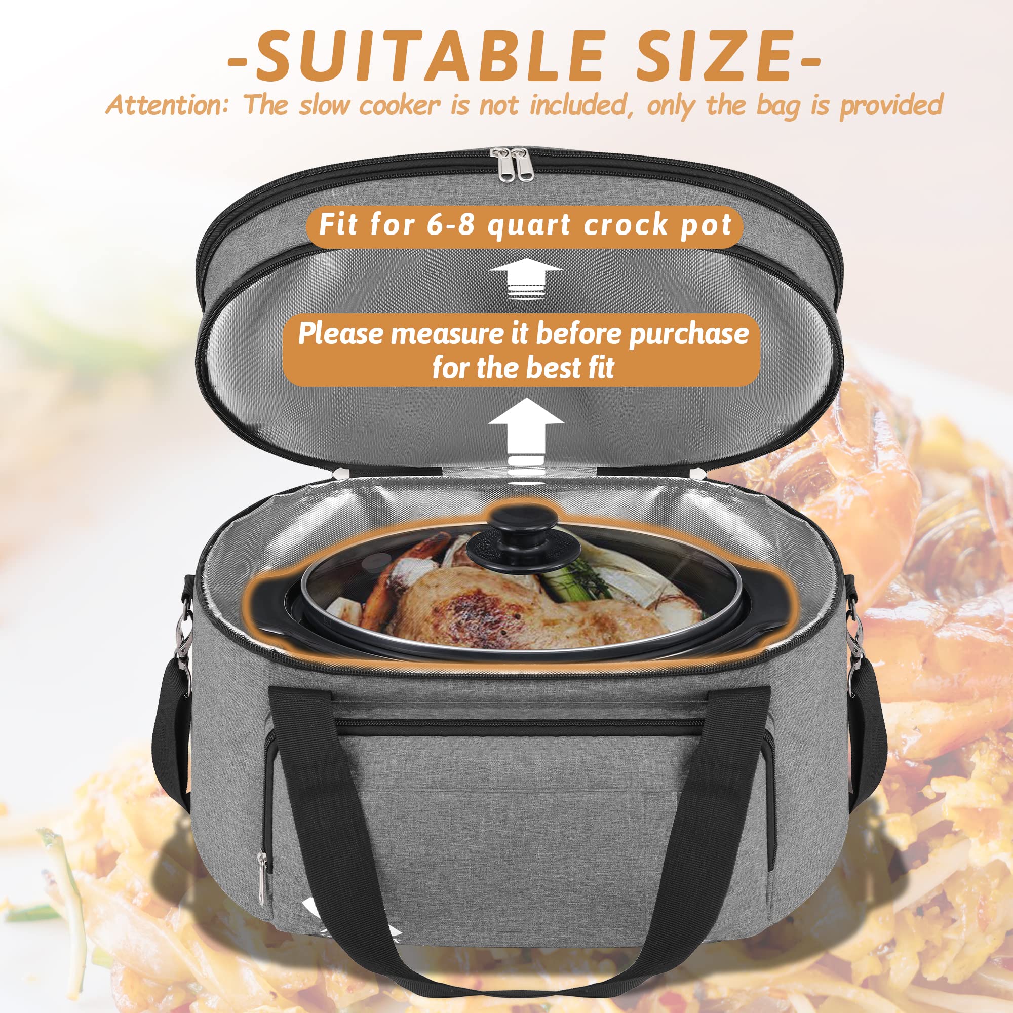 Golkcurx Double Layer Slow Cooker Bag for 6-8 Quart Oval CrockPot and Hamilton Beach Models, with Padded Adjustable Strap, Top Zip Compartment, and Front Pocket for Utensils(Bag Only)