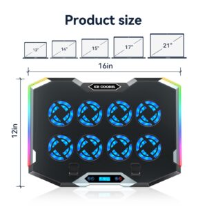 ICE COOREL Gaming Laptop Cooling Pad with 8 Cooling Fans, Laptop Fan Cooling Pad for Laptop 15-17.3 Inch, RGB Laptop Cooler Stand with 6 Height Adjustable, Two USB Port, Phone Stand