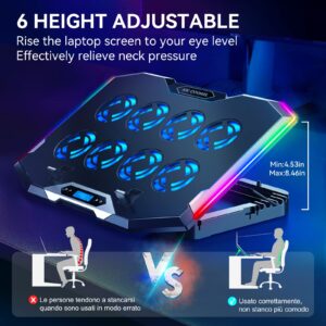 ICE COOREL Gaming Laptop Cooling Pad with 8 Cooling Fans, Laptop Fan Cooling Pad for Laptop 15-17.3 Inch, RGB Laptop Cooler Stand with 6 Height Adjustable, Two USB Port, Phone Stand