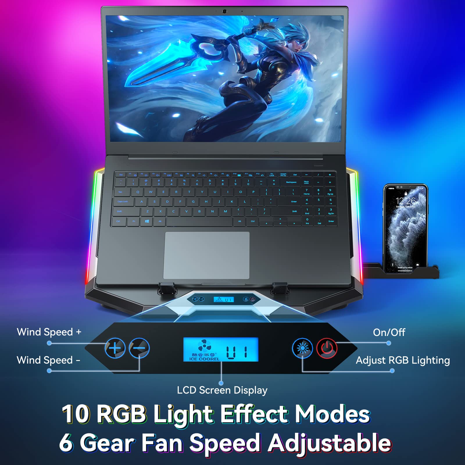 ICE COOREL Gaming Laptop Cooling Pad with 8 Cooling Fans, Laptop Fan Cooling Pad for Laptop 15-17.3 Inch, RGB Laptop Cooler Stand with 6 Height Adjustable, Two USB Port, Phone Stand