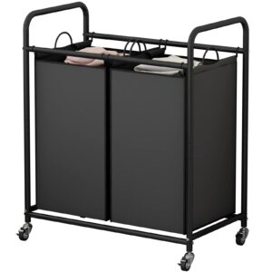 suoernuo laundry sorter basket 2 bag laundry hamper cart with rolling lockable wheels and removable bags laundry organizer cart for clothes storage, black