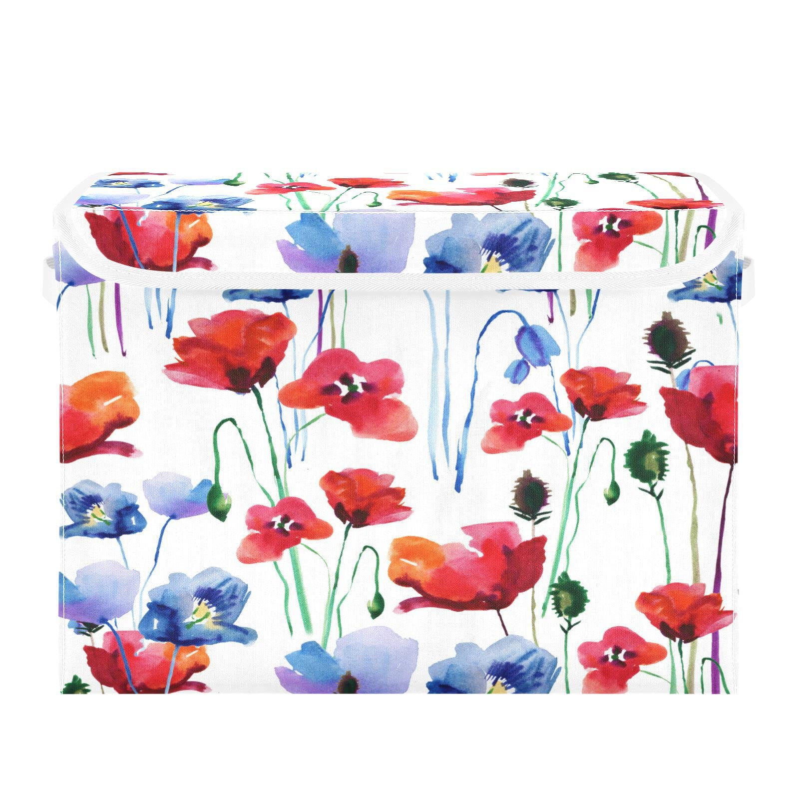 Flradish Poppy Flowers Collapsible Storage Box with Lid Closet Organizer with Handle Washable Stackable