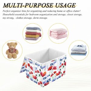 Flradish Poppy Flowers Collapsible Storage Box with Lid Closet Organizer with Handle Washable Stackable