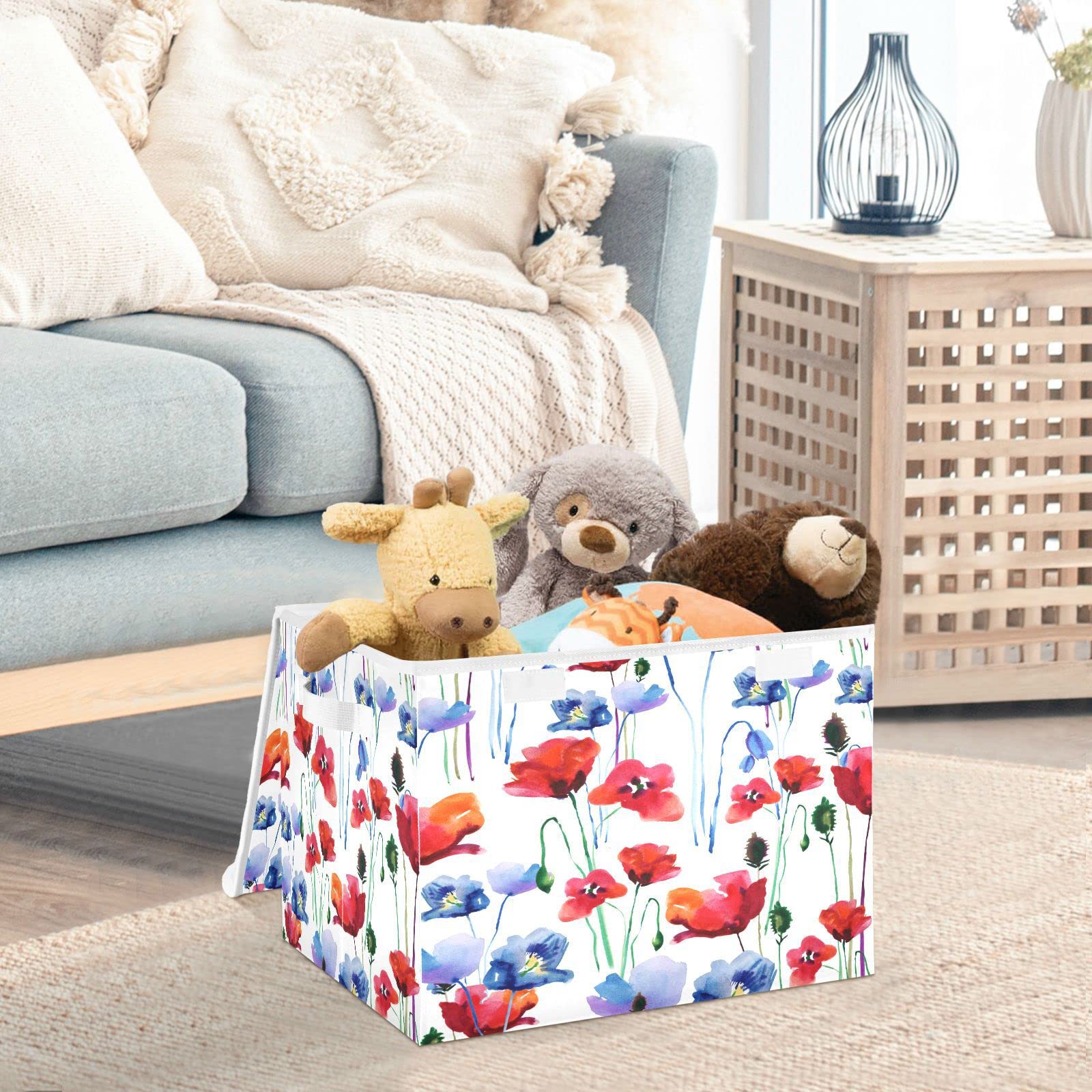 Flradish Poppy Flowers Collapsible Storage Box with Lid Closet Organizer with Handle Washable Stackable