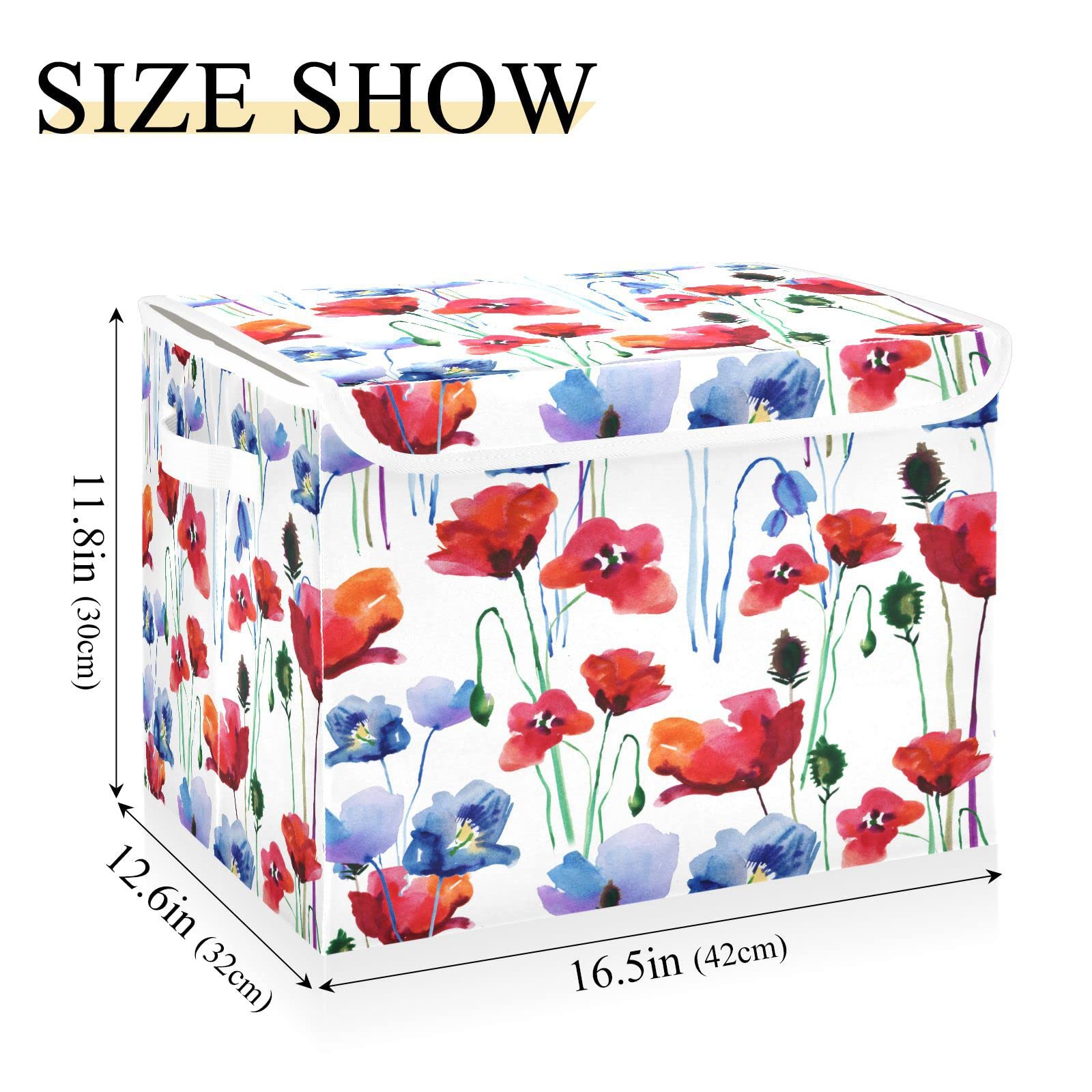 Flradish Poppy Flowers Collapsible Storage Box with Lid Closet Organizer with Handle Washable Stackable