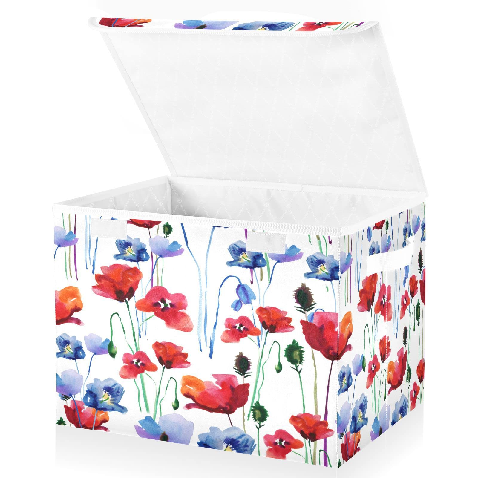 Flradish Poppy Flowers Collapsible Storage Box with Lid Closet Organizer with Handle Washable Stackable