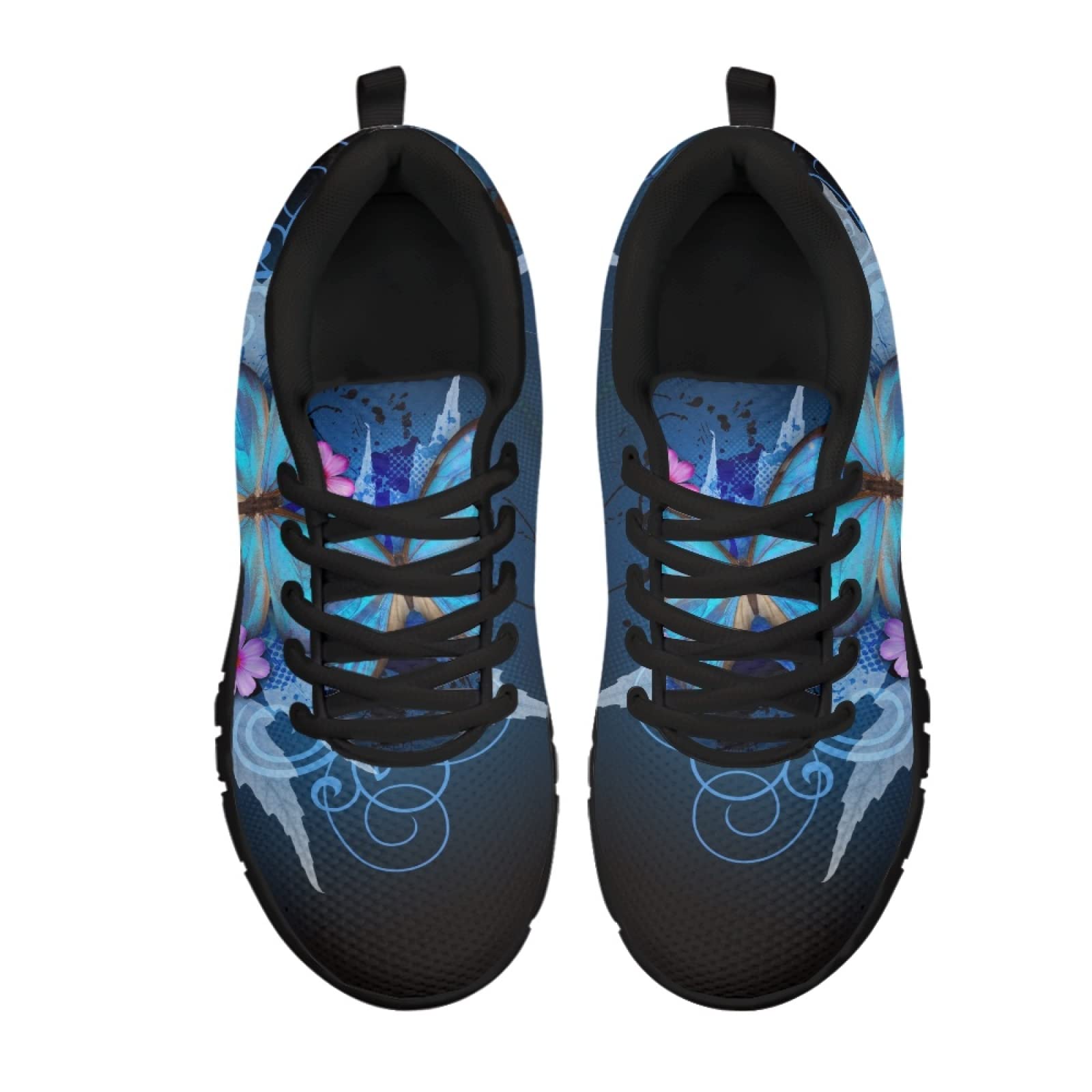 Wanyint Fashion Butterfly Print Women Running Shoes Beautiful Blue Animal with Floral Lightweight Girls' Black Sole Sneakers Hiking Camping Cute Wildlife Mesh Air Training Athletic Shoes