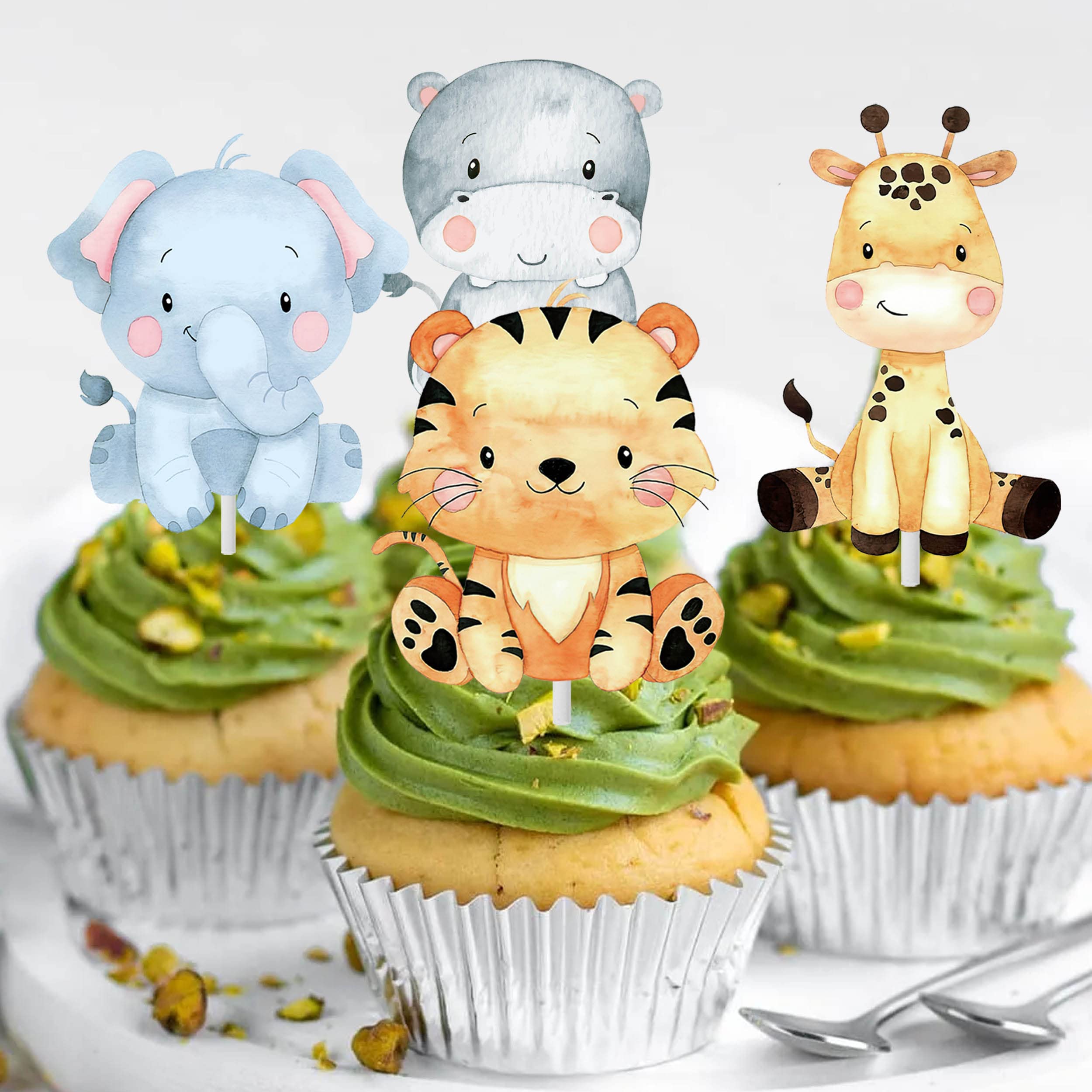 24pcs Jungle Animals Party Cupcake Toppers Decorations Jungle Safari Animal Theme Party Supplies for Zoo Wild Animal Birthday Party Baby Shower Supplies