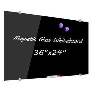 develop magnetic black glass dry erase board, 36 x 24 inches (90 x 60 cm), frameless wall mounted writing glass whiteboard with 4 markers, 2 magnets, 1 eraser