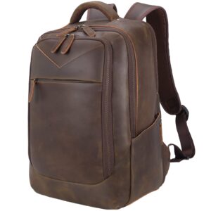 masa kawa vintage leather 15.6" laptop computer backpack for men large business travel weekender bag casual rucksack camping daypack, brown