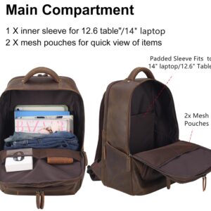 Masa Kawa Vintage Leather 15.6" Laptop Computer Backpack for Men Large Business Travel Weekender Bag Casual Rucksack Camping Daypack, Brown
